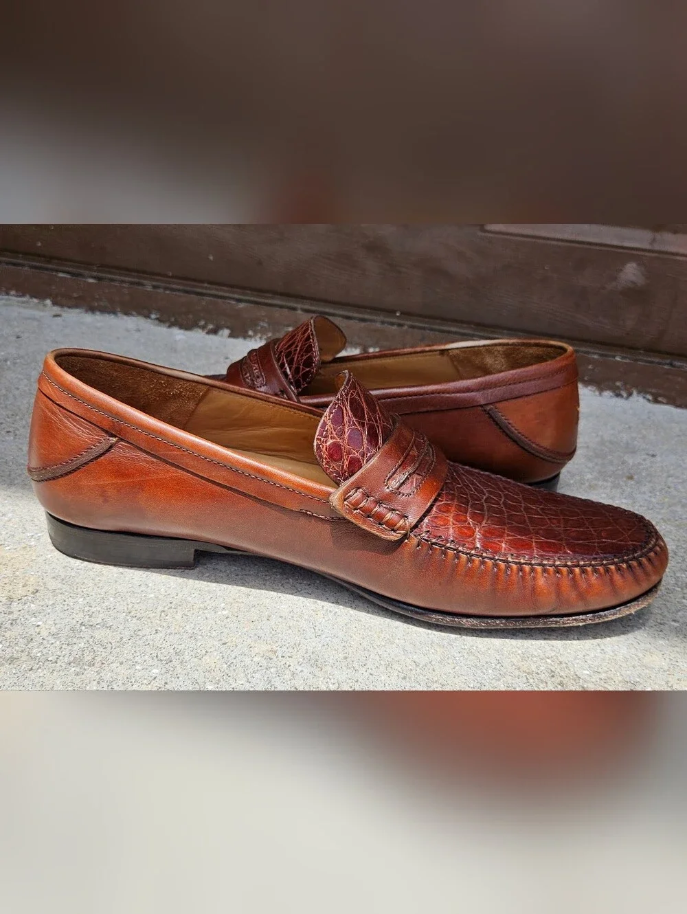 Mezlan Genuine Crocodile Brown Leather Penny Loafer Slip On Dress Shoe SZ 11.5 M